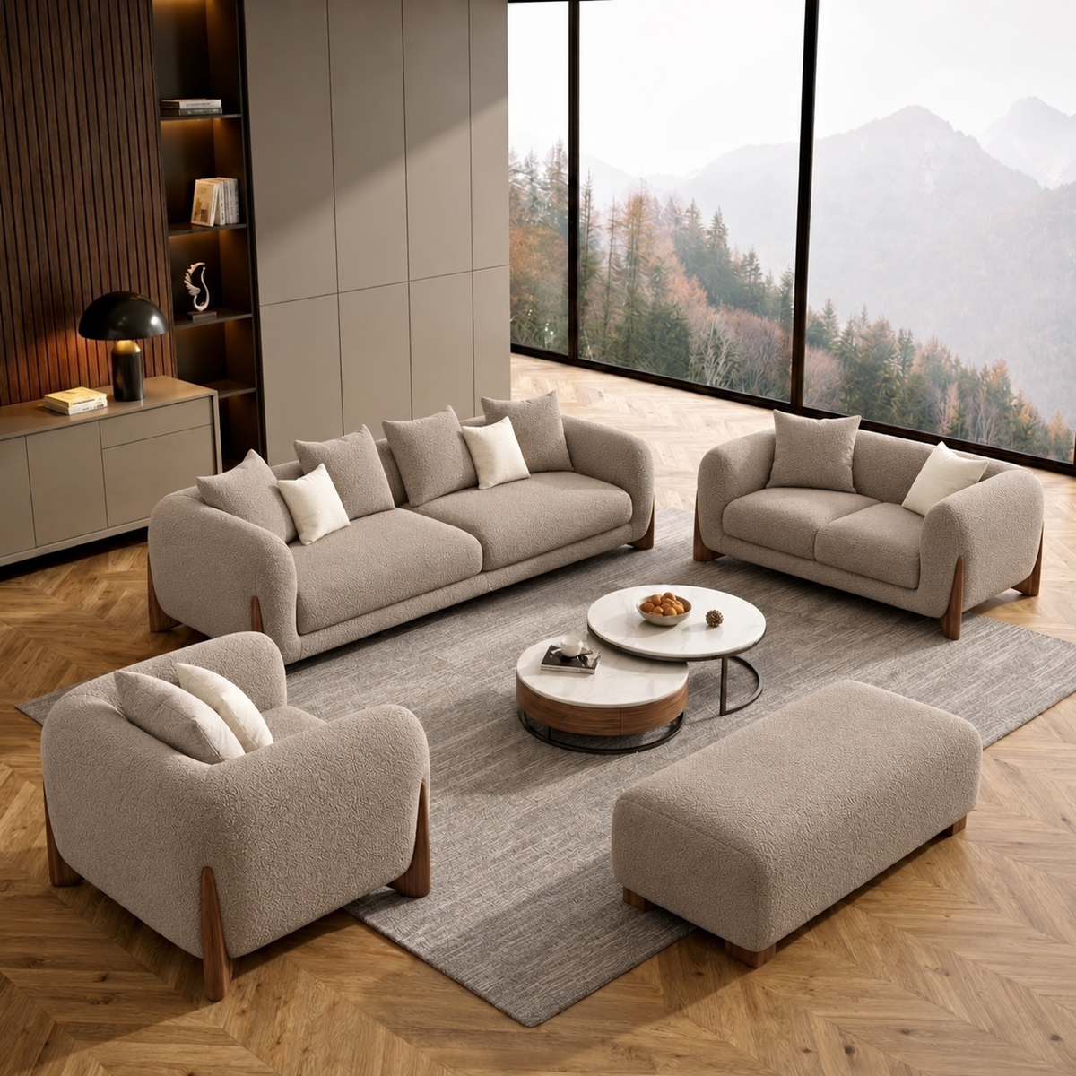Antique Wood Hub Taupe Boucle 3+2+1 = 6 Seater Sofa + Ottoman