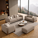 Antique Wood Hub Taupe Boucle 3+2+1 = 6 Seater Sofa + Ottoman