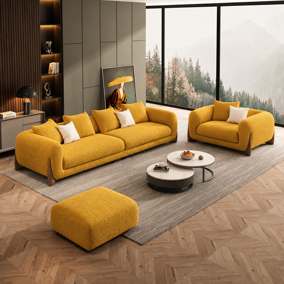 Antique Wood Hub Mustard Boucle 3+1 = 4 Seater Sofa + Ottoman