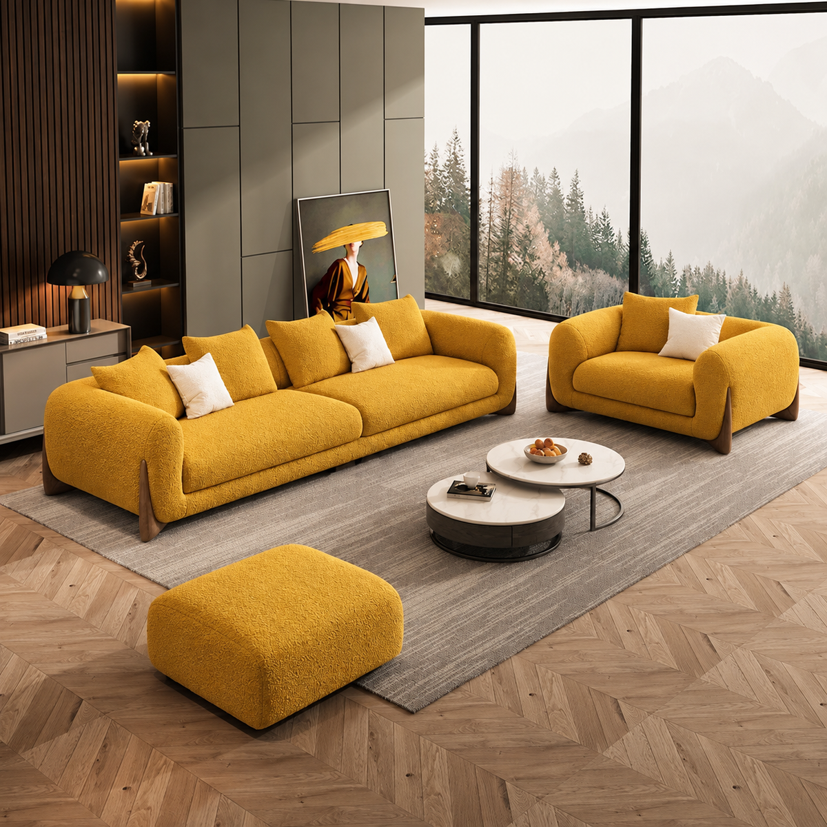 Antique Wood Hub Mustard Boucle 3+1 = 4 Seater Sofa + Ottoman