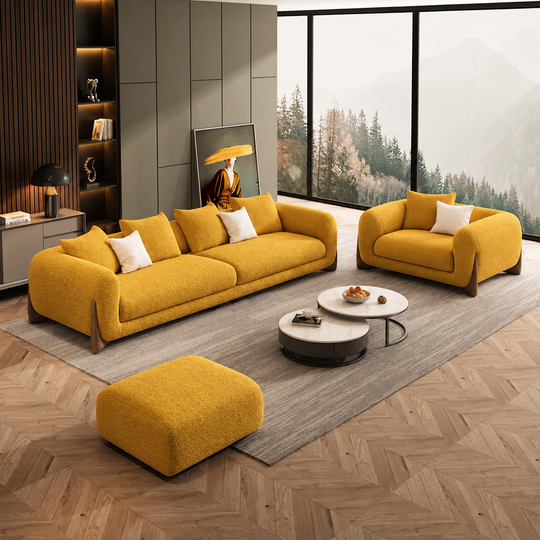 Antique Wood Hub Mustard Boucle 3+1 = 4 Seater Sofa + Ottoman