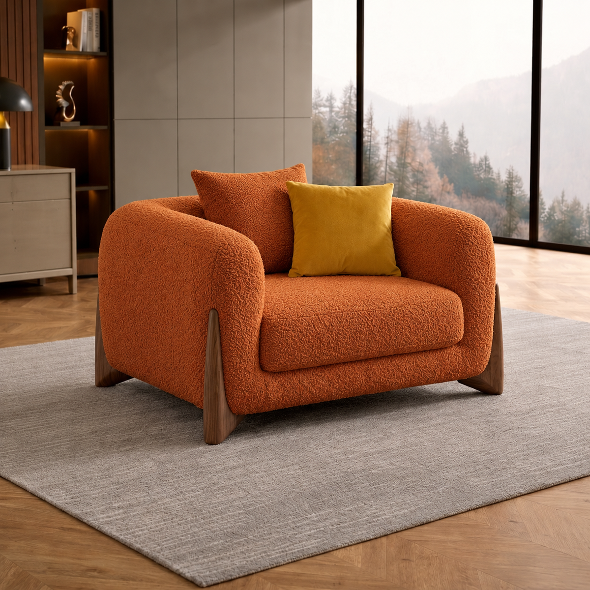 Antique Wood Hub Rust Orange Boucle 1 Seater Sofa