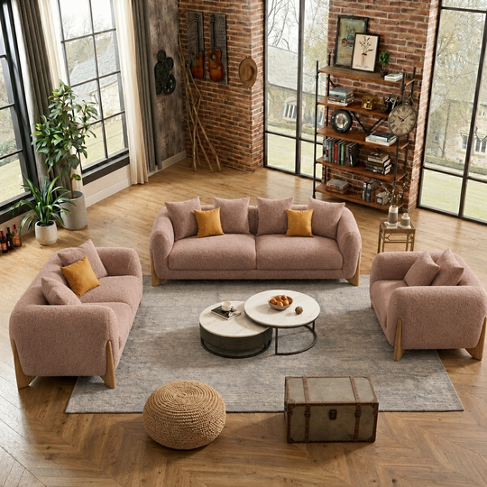 Antique Wood Hub Light Brown Boucle 3+2+1 = 6 Seater Sofa
