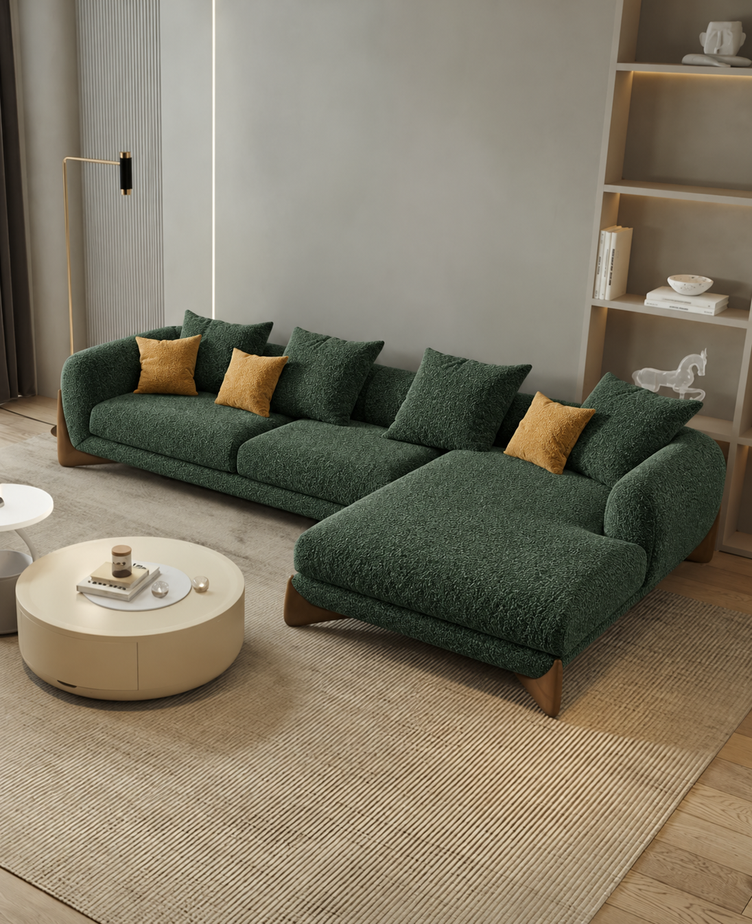 Antique Wood Hub Dark Green Boucle 4 Seater Sectional Sofa (LHS)