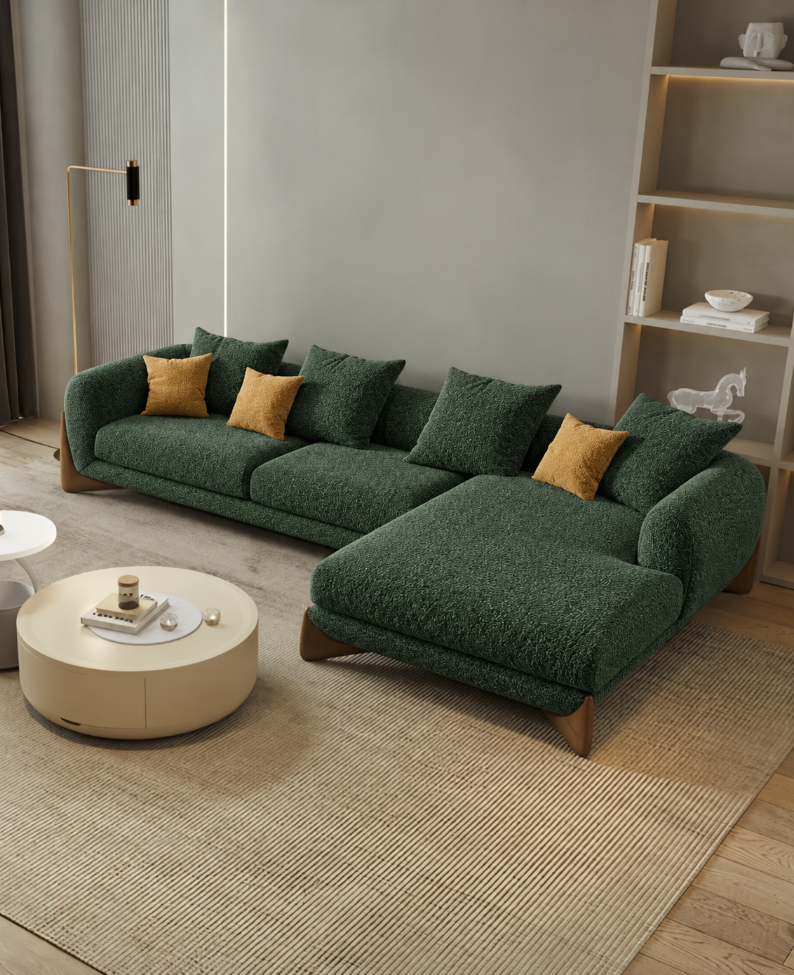 Antique Wood Hub Dark Green Boucle 4 Seater Sectional Sofa (LHS)