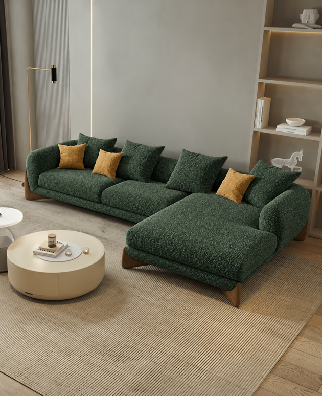 Antique Wood Hub Dark Green Boucle 4 Seater Sectional Sofa (LHS)
