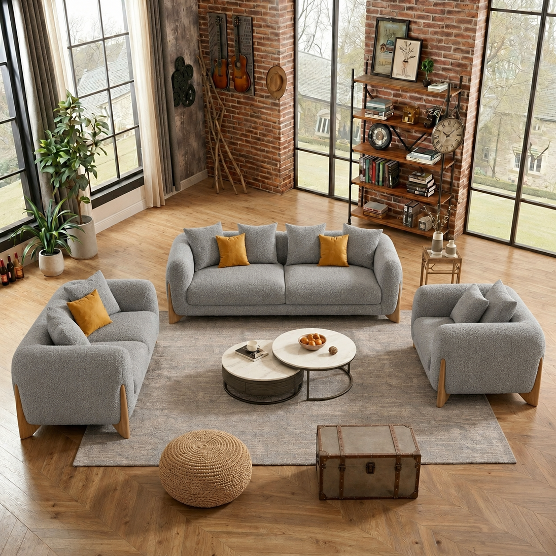 Antique Wood Hub Light Grey Boucle 3+2+1 = 6 Seater Sofa