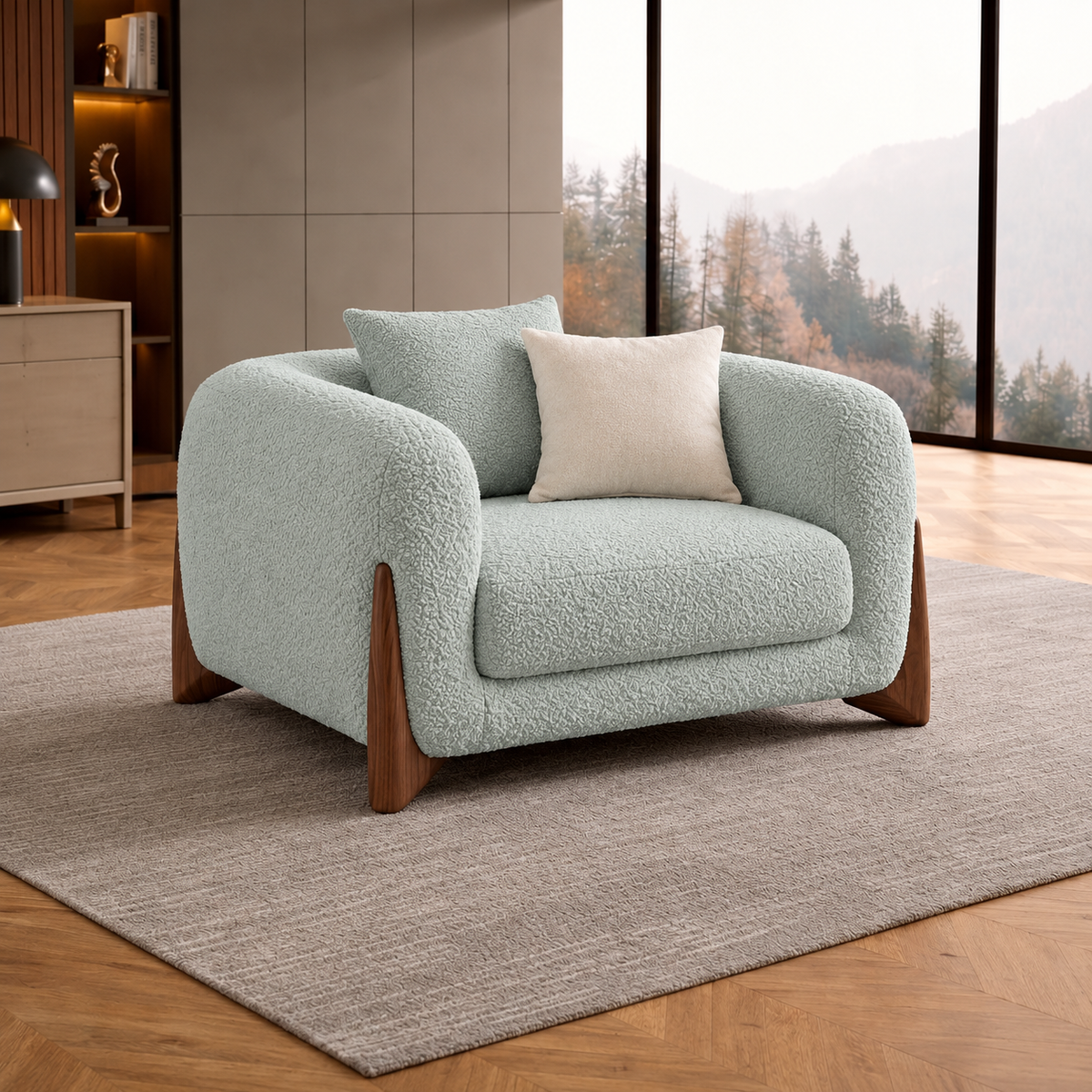 Antique Wood Hub Sea Green Boucle 1 Seater Sofa