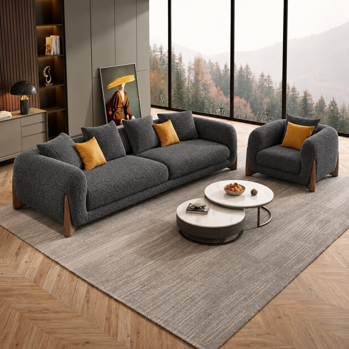 Antique Wood Hub Dark Grey Boucle 3+1 = 4 Seater Sofa