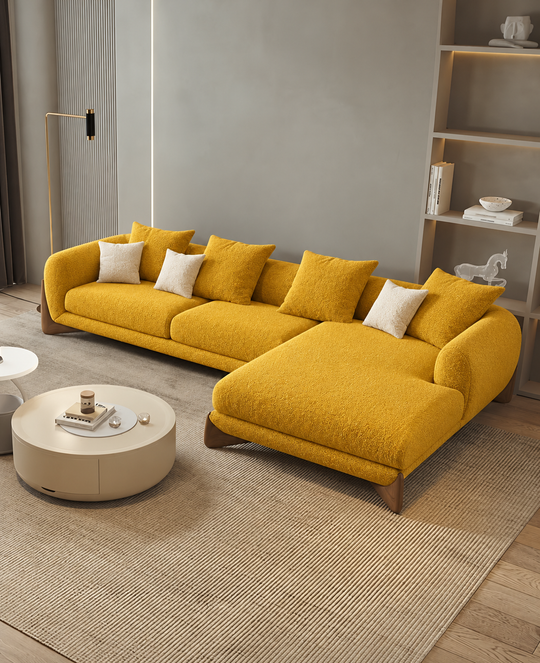 Antique Wood Hub Mustard Boucle 4 Seater Sectional Sofa (LHS)