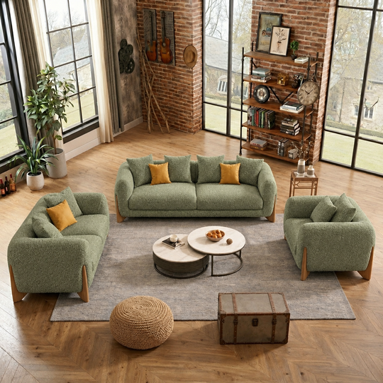 Antique Wood Hub Olive Green Boucle 3+2+1 = 6 Seater Sofa