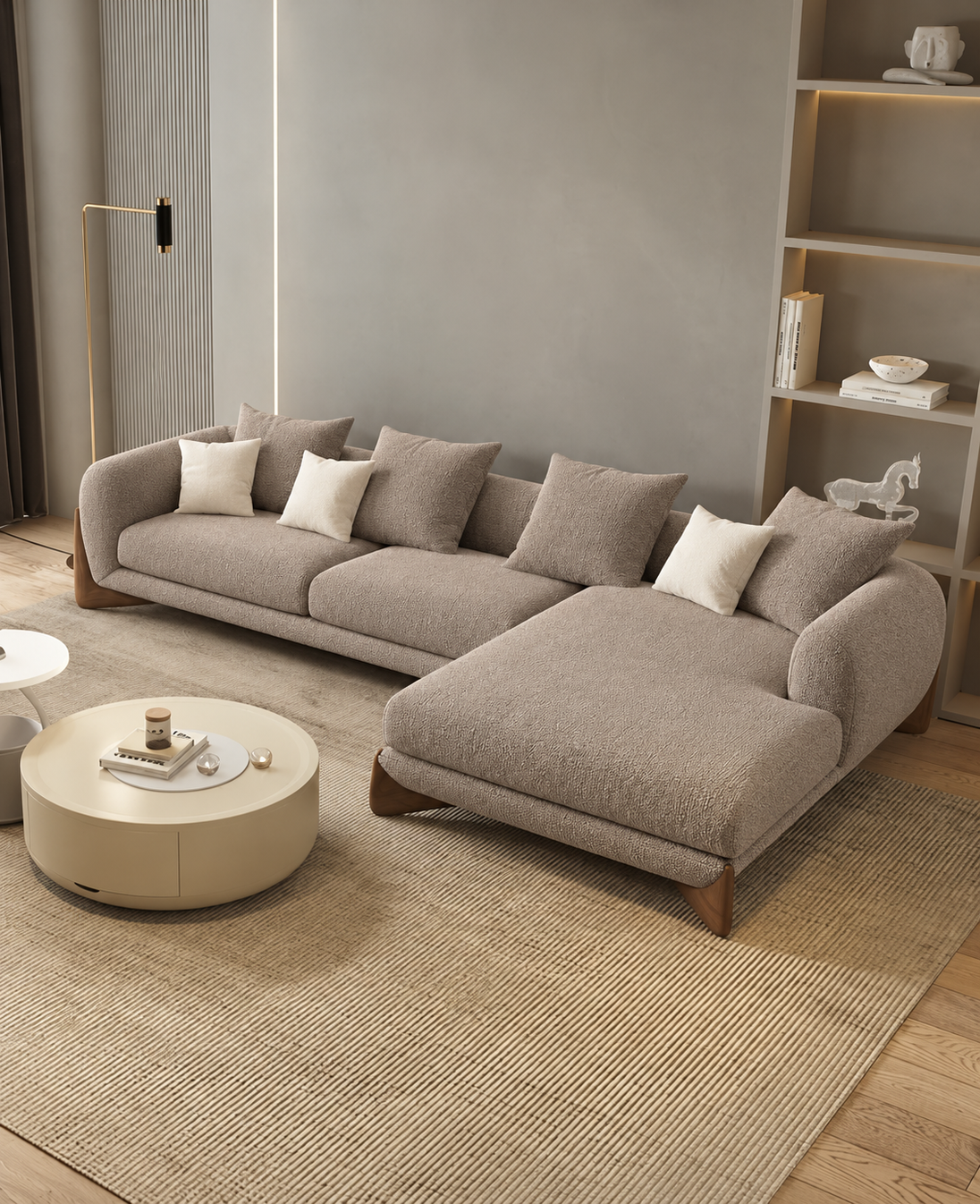 Antique Wood Hub Taupe Boucle 4 Seater Sectional Sofa (LHS)
