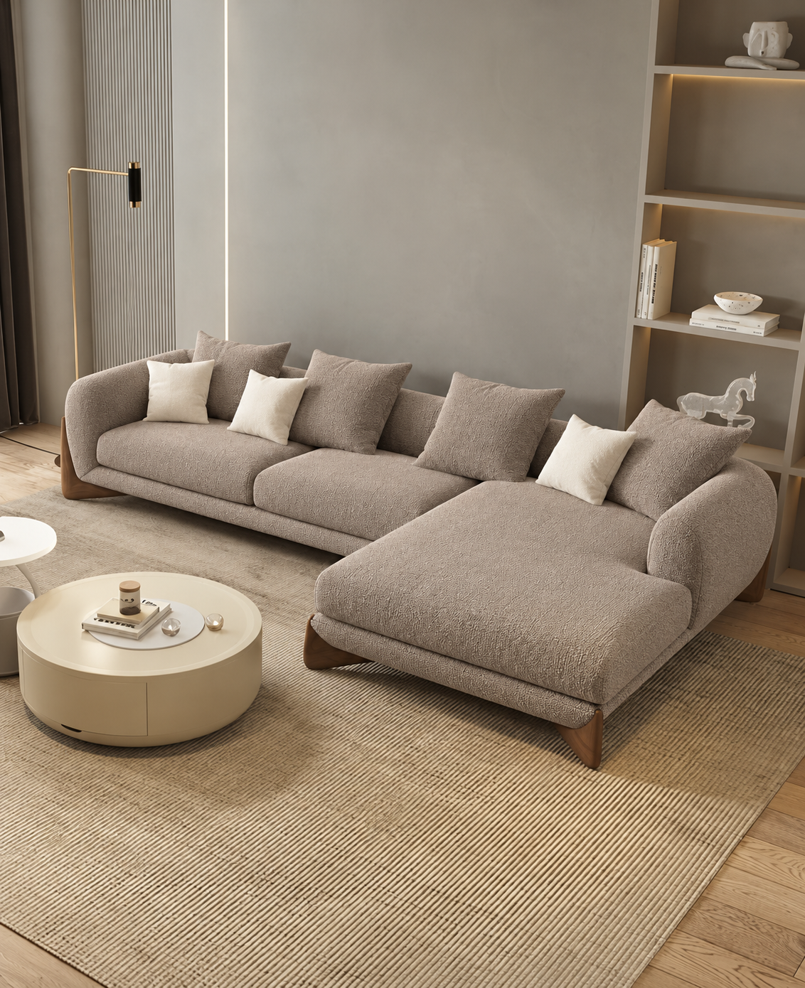 Antique Wood Hub Taupe Boucle 4 Seater Sectional Sofa (LHS)