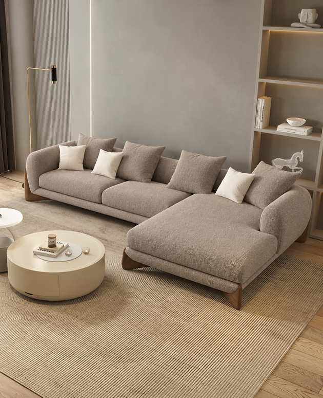 Antique Wood Hub Taupe Boucle 4 Seater Sectional Sofa (LHS)