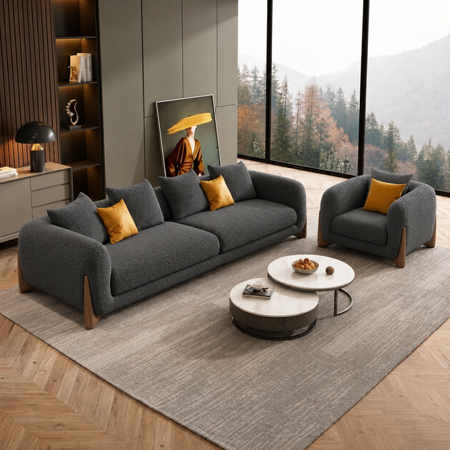 Antique Wood Hub Charcoal Grey Boucle 3+1 = 4 Seater Sofa
