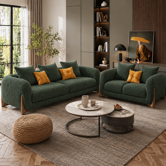 Antique Wood Hub Dark Green Boucle 3+2 = 5 Seater Sofa