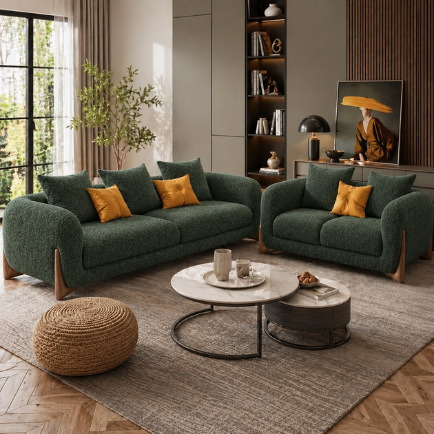 Antique Wood Hub Dark Green Boucle 3+2 = 5 Seater Sofa