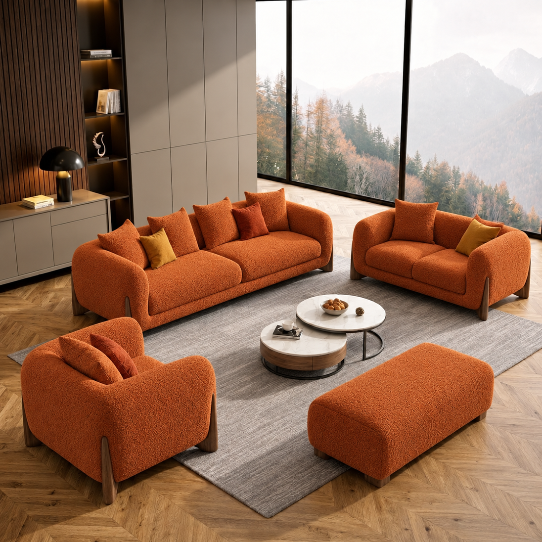 Antique Wood Hub Rust Orange Boucle 3+2+1 = 6 Seater Sofa + Ottoman