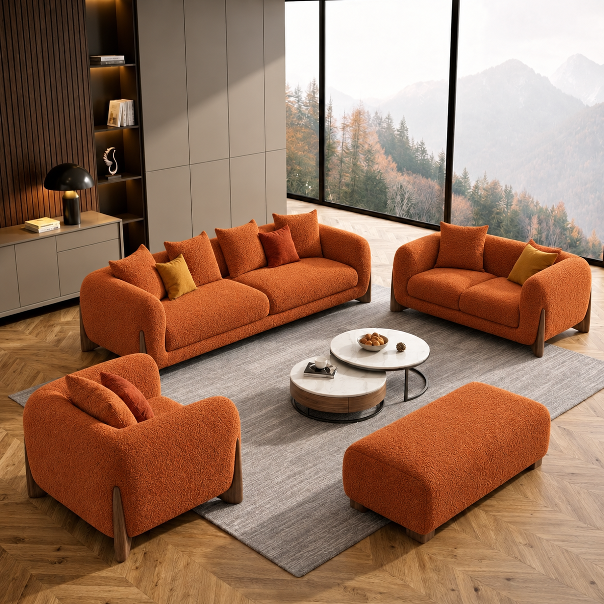 Antique Wood Hub Rust Orange Boucle 3+2+1 = 6 Seater Sofa + Ottoman