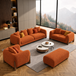 Antique Wood Hub Rust Orange Boucle 3+2+1 = 6 Seater Sofa + Ottoman