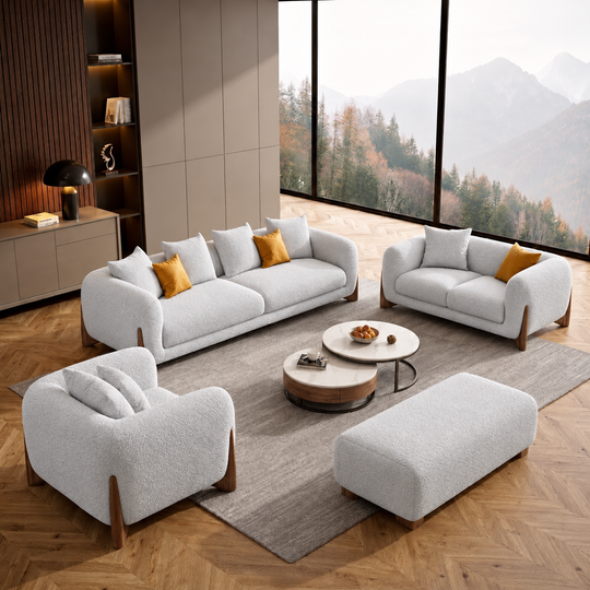 Antique Wood Hub Steel Grey Boucle 3+2+1 = 6 Seater Sofa + Ottoman