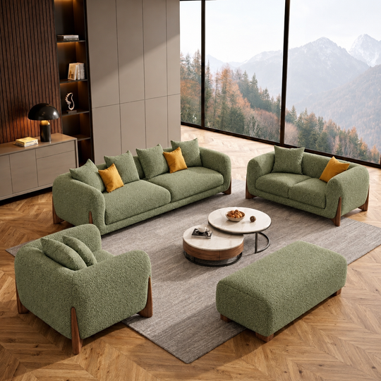 Antique Wood Hub Olive Green Boucle 3+2+1 = 6 Seater Sofa + Ottoman