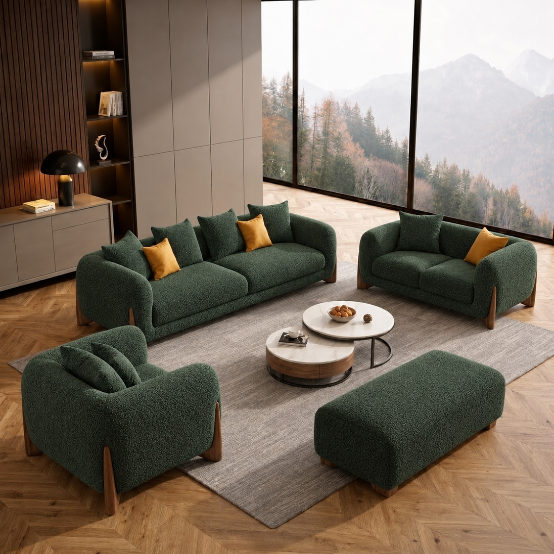Antique Wood Hub Dark Green Boucle 3+2+1 = 6 Seater Sofa + Ottoman