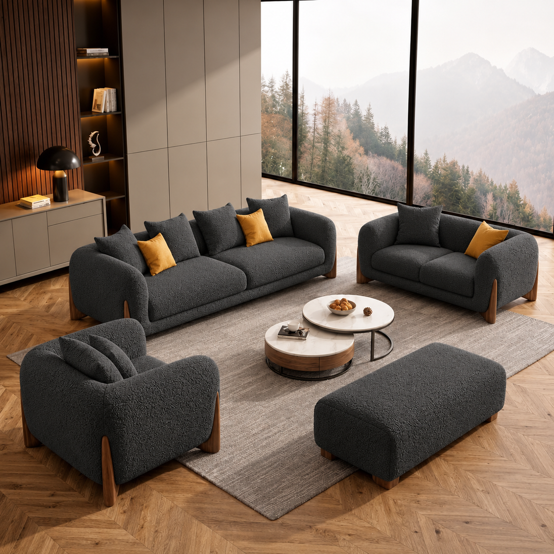Antique Wood Hub Charcoal Grey Boucle 3+2+1 = 6 Seater Sofa + Ottoman