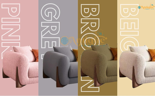 Four sofas in different colors with color names next to them on a multicolored background.