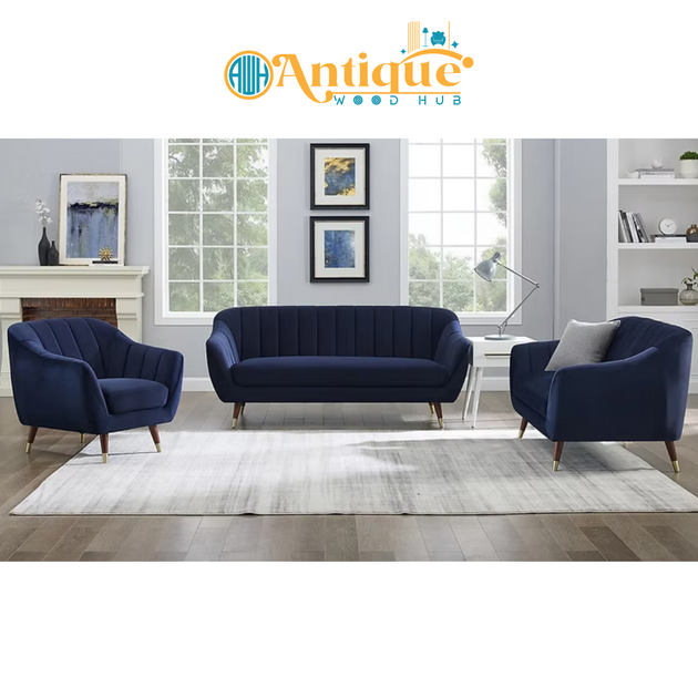 Navy blue sofa set in a living room with 'Antique Wood Hub' logo.
